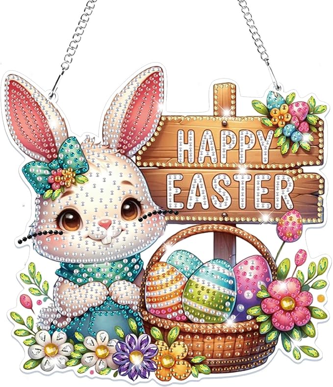 Bowetile Easter Hanging Diamond Art Kits for Adults Kids, 5D Special Shape Diamond Painting Rabbit Kits, Easter Diamond Gem Art Suncatchers Painting Pendant Home Decor, Gifts for Kids