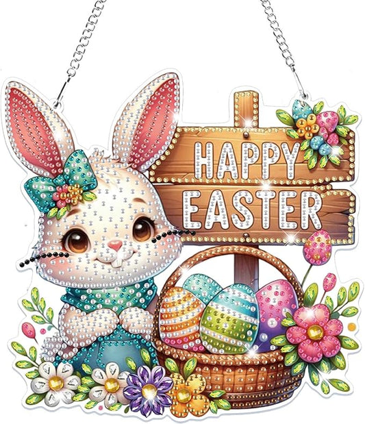 Bowetile Easter Hanging Diamond Art Kits for Adults Kids, 5D Special Shape Diamond Painting Rabbit Kits, Easter Diamond Gem Art Suncatchers Painting Pendant Home Decor, Gifts for Kids