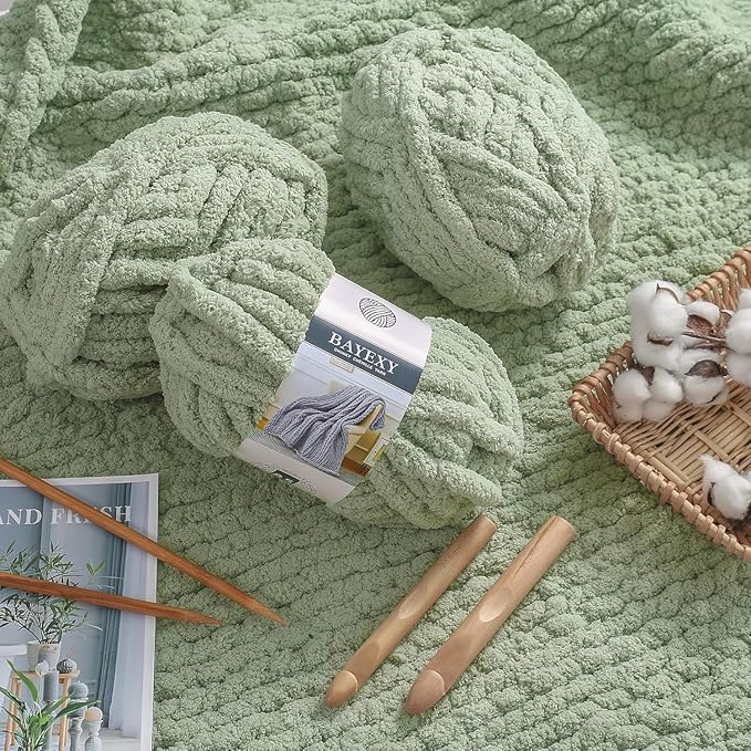 Chunky Chenille Yarn for Hand Knitting 8 Jumbo Pack Jumbo Chunky Yarn for Hand Soft Blanket Knitting, Bulky Thick Fluffy Yarn for Crocheting (Sage Green)