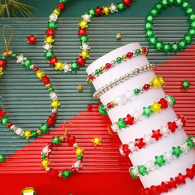 UPINS 1500Pcs Christmas Beads, Red Green Gold Silver Craft Beads Star Spacer for Xmas Holiday DIY Crafts and Necklace Bracelet Earring Supplies for Jewelry Making