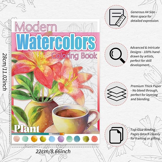 Watercoloring Book, A4 Water Coloring Book Paint Book Beginner Friendly - Watercolor Coloring Books for Adults, 12 Pre-Printed Designs on 180GSM Cold Press Paper, (Without Paint or Brushes) - Plant