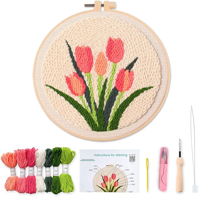 Myfelicity Punch Needle kit,Tulip Embroidery Kit - Punch Needle DIY Craft Set with Vintage Tulip Design, Perfect for Handmade Decor & Floral Stitching Projects