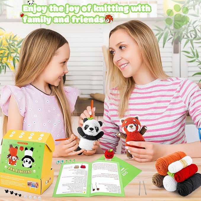 Crochet Kit for Beginners - 2PCS White and Red Panda Crochet Animal Kit with Step-by-Step Video Tutorials, Apple Crocheting Kit, Crochet Starter Kit for Adults, Beginners Knitting Kit for Birthday