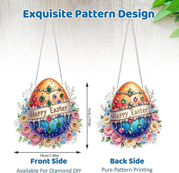 MEIYUDA Easter Egg Diamond Art Hanging Kits for Adult, Happy Easter Diamond Painting Hanging Kits Ornaments, DIY Special Shaped Rhinestone Window Pendants kit for Home Garden Wall Decor Gift