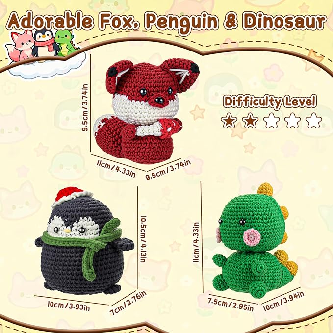 Crochet Kit for Beginners Kids - 3 Pack Animal Beginner Crochet Kit for Kids Adults Teens, Amigurumi Craft Knitting Supplies Set with Step-by-Step Video Tutorials, DIY Crocheting Gifts for Crocheters