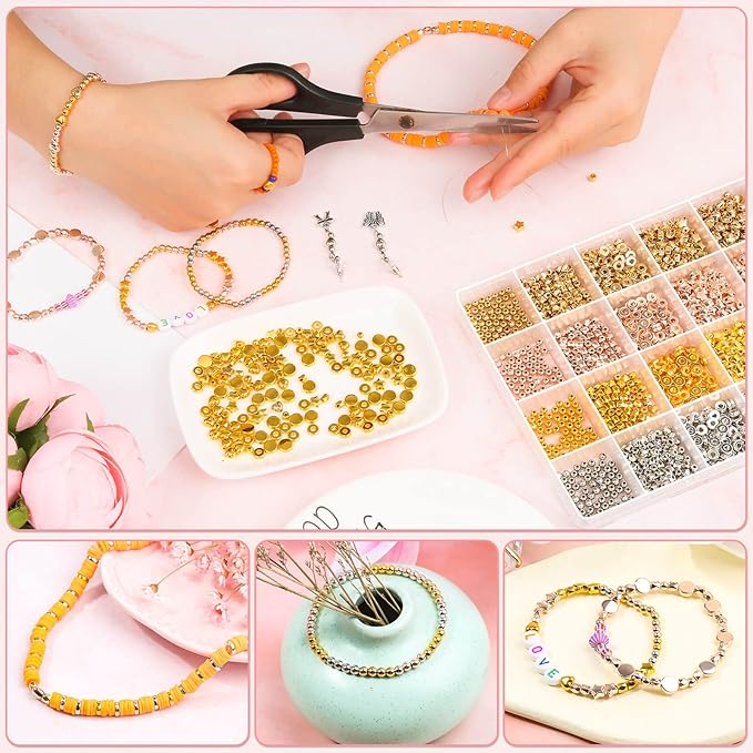 selizo 2160 Pieces Gold Spacer Beads Set, Assorted Bracelet Beads for DIY Jewelry Making(Gold, Sliver, Rose Gold, KC Gold)