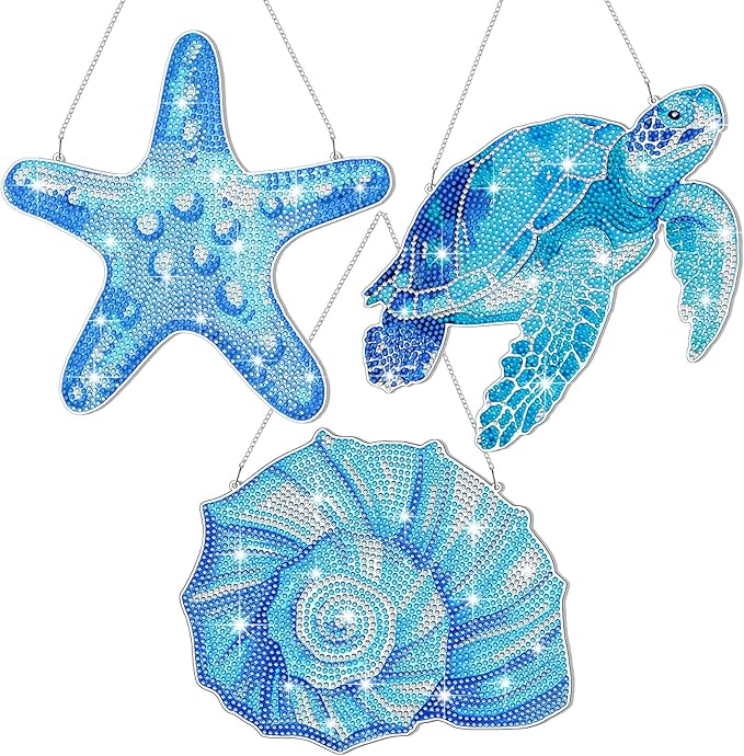 Yuefunny 3 Pcs Ocean Diamond Painting Hanging Kits, 5d DIY Coastal Diamond Art Turtle Starfish Door Sign, Summer Beach Hanging Decor for Home Garden Wall Window Under The Sea Party Favors