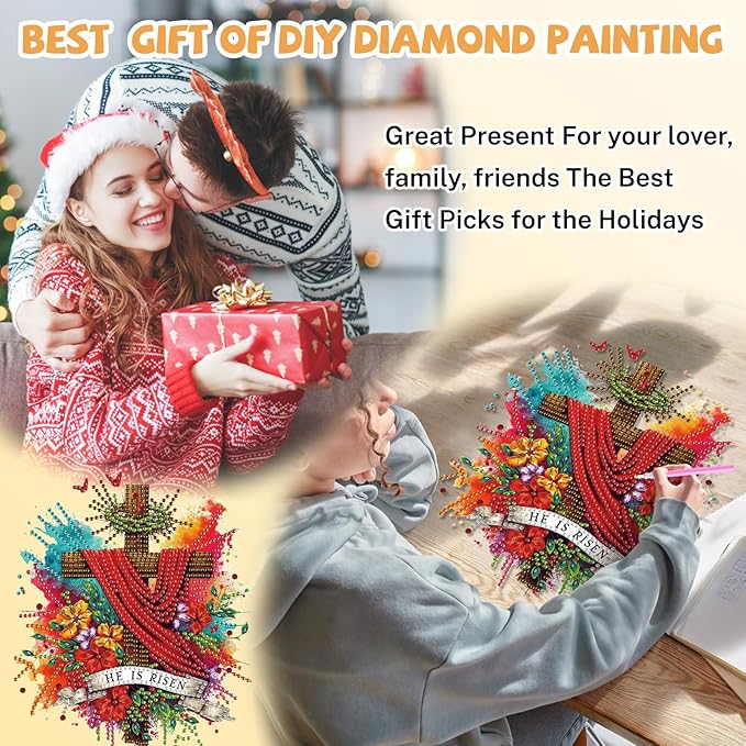 Bowetile Cross Diamond Art Hanging Kits for Adults, Diamond Art Suncatchers Easter, 5D Special Shape Diamond Painting Pendant Window Ornament Easter Gifts for Home Wall Garden Decor