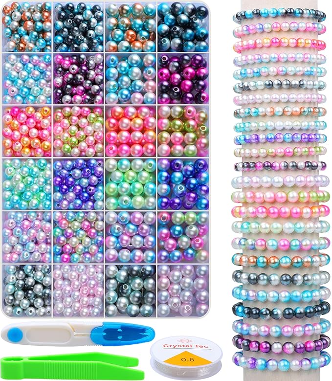 HINSOCHA Beads Bracelet Making Kit - 1020Pcs 6mm and 8mm Pearl-Like Beads for Jewelry Making, Gifts for Kids & Adults - Gradient