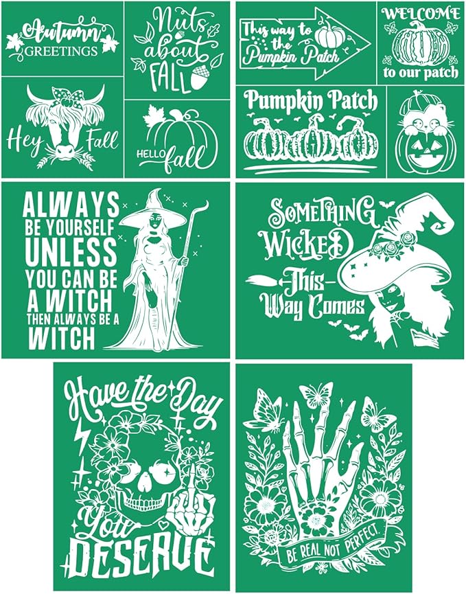 DGAGA 6PCS Fall Silk Screen Stencils Reusable Halloween Self Adhesive Chalk Mesh Stencils Autumn Silkscreen Transfers for Painting on Wood,Craft,DIY Fall Screenprinting Starter Kit for Chalk Paste