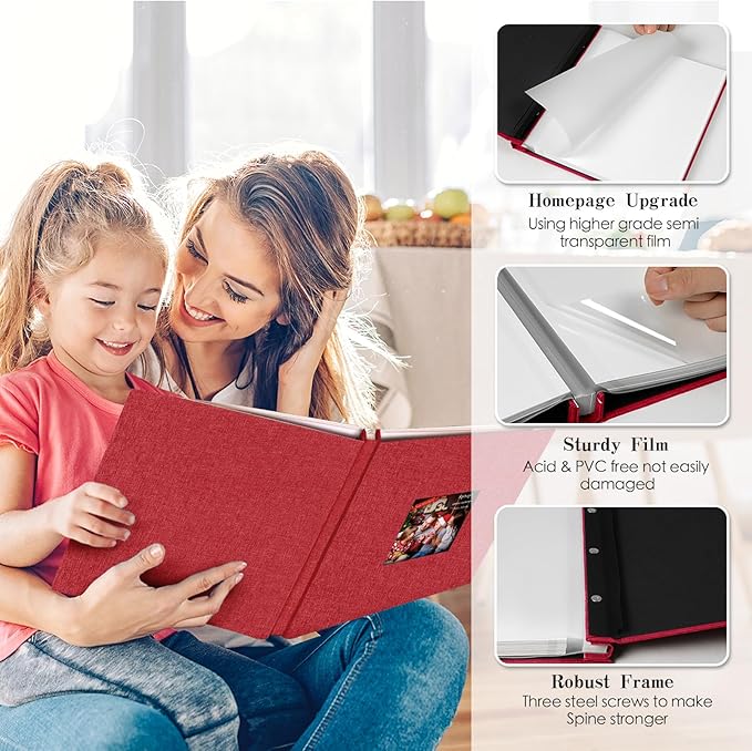 Spbapr Large Photo Album Self Adhesive 60 Pages Linen cover DIY Magnetic Scrapbook album with A Metal Pen Hold 3x5 4x6 5x7 6x8 8x10 Pictures Red