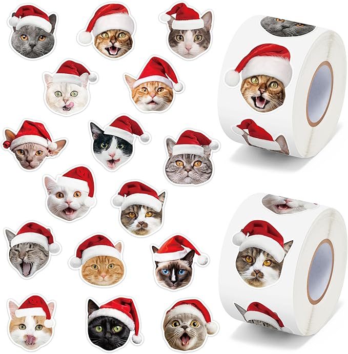 h1vojoxo christmas cat sticker rolls - 1000pcs christmas cat stickers for kids 16 designs xmas cute cats realistic stickers for craft water bottles holiday cute cats sticker for envelopes gift decor