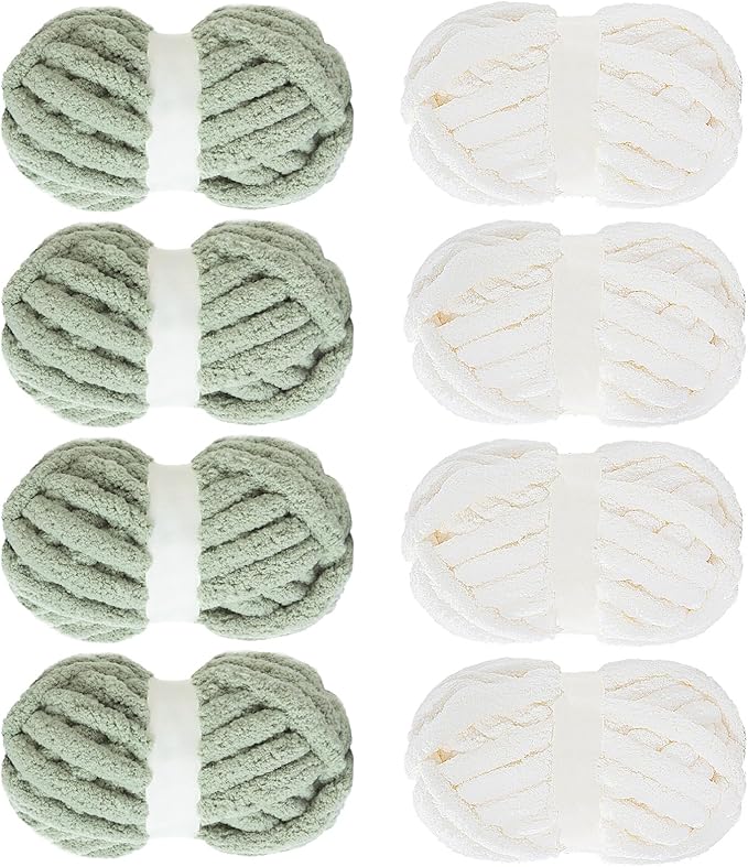 Mabozoo Assorted Chunky Yarn for Crocheting 8 Pack: Fluffy Chenille, Soft Plush, Giant Thick Fuzzy Yarn. 4 White & 4 Sage Green (31.7 yds, 8 oz Each Skein)