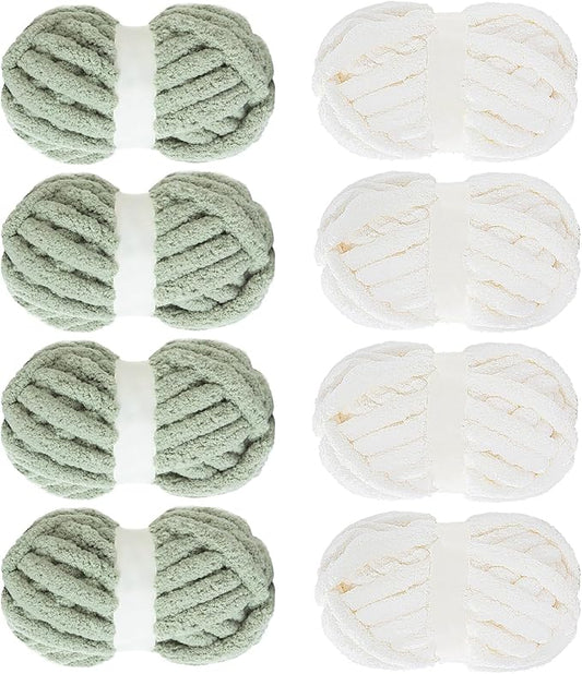 Mabozoo Assorted Chunky Yarn for Crocheting 8 Pack: Fluffy Chenille, Soft Plush, Giant Thick Fuzzy Yarn. 4 White & 4 Sage Green (31.7 yds, 8 oz Each Skein)