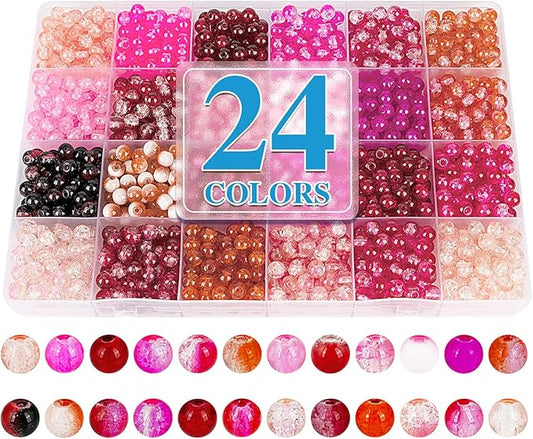 XSEINO About 1200pcs 6mm Crack Glass Beads Bracelet Making Kit,24 Assorted Colors Crack Blush Pink Series Crystal Glass Bead for Bracelet Jewelry Making,DIY Crafts,Friendship Bracelets
