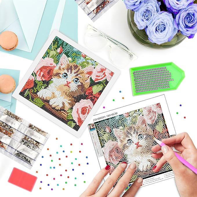 SENQAO Cat Diamond Art Kit for Adults with Frame Art and Crafts for Adults Ages 4-6-8-12 Easy to DIY Diamond Art for Adults and Adult Beginners Home Wall Decoration 7.1x7.1inch (Cat and Flower)