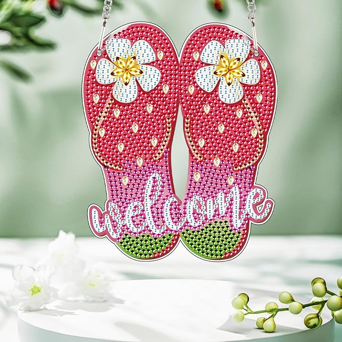 AiYuanzsh Welcome Flip Flops Diamond Painting Hanging Sign – 5D DIY Summer Door or Wall Decor Kit with Flowers – Colorful Rhinestone Craft Ornament with Tools