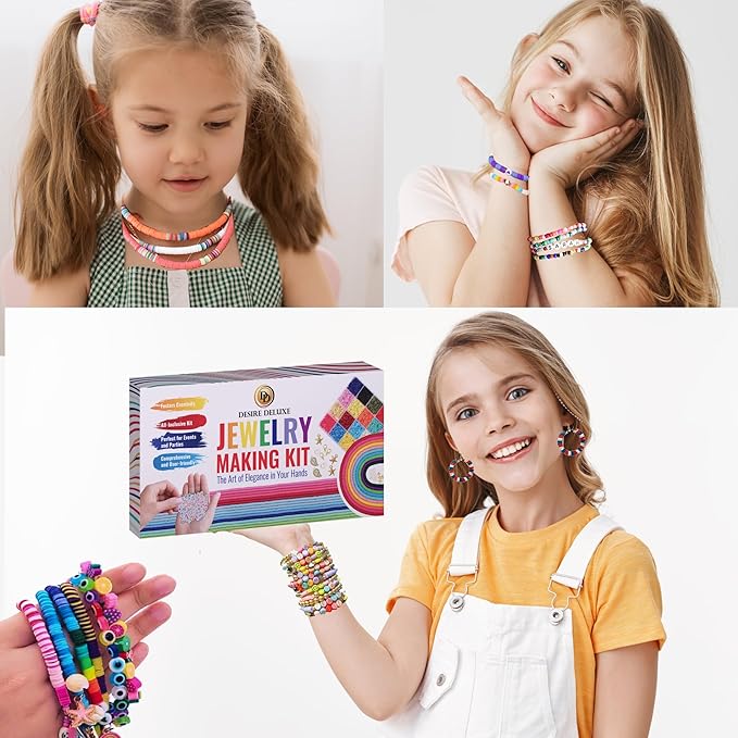 Desire Deluxe Bracelet Making Kit - Beads for Bracelets, Friendship Necklace with Charm Kit Elastic Strings - Jewelry Making Supplies for Halloween, Christmas, Birthday Gifts for Girls (6084pc)