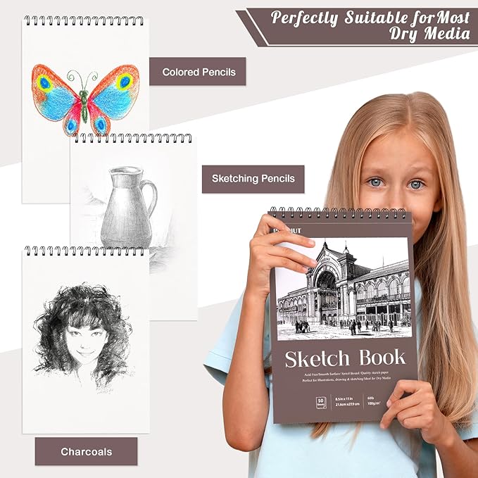 2 Pack Sketch Book 8.5×11 inch, Spiral Sketch Pad 50 Sheets Each(68lb/100gsm), Acid-Free Sketchbook for Drawing Painting Sketching, Art Paper Drawing Supplies for Teens Adults Artists Ideal Gifts