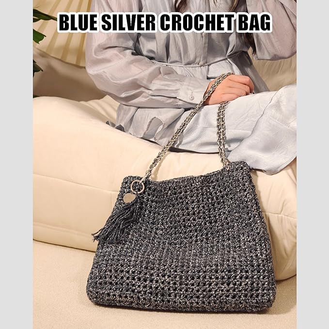 Herally Crochet Kit DIY for Beginners - Include Yarn, Hook and Accessory - with Step by Step Video Tutorials - Shining Tote Bag (Navy Blue)