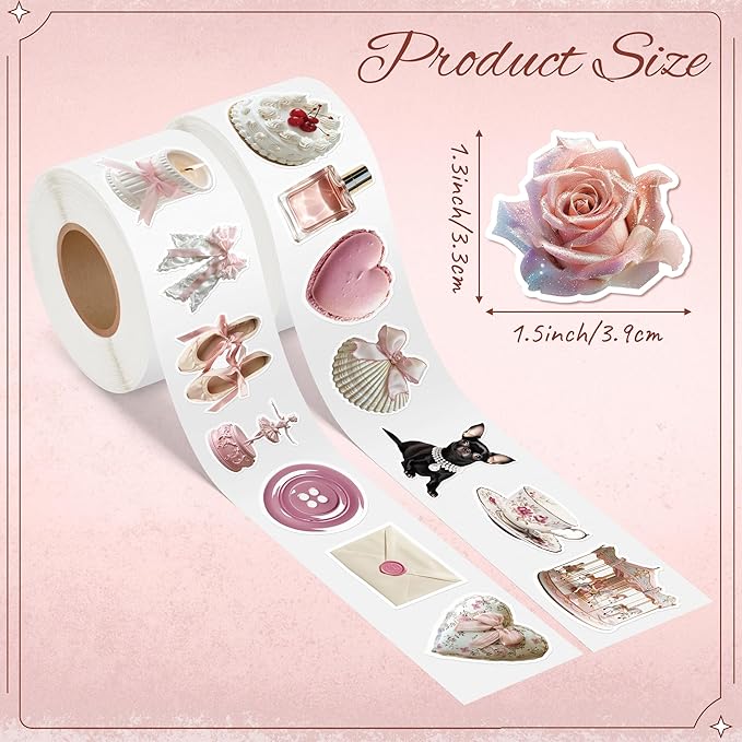 h1vojoxo vintage coquette aesthetic stickers - 1000pcs pink coquette stickers in 2 rolls waterproof vinyl girly realistic coquette decal for kids girls water bottle scrapbook laptop crafts giftwrap
