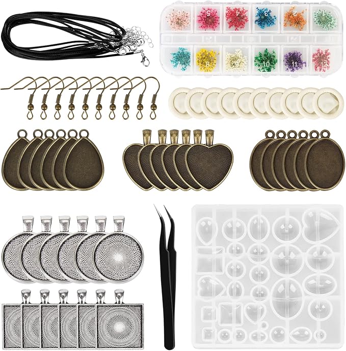 HOMEIDOL Resin Jewelry Molds Pendant Trays Making Kit with 30Pcs 5 Styles Metal Pendant, 1Pc Silicone Epoxy Molds, Earring Posts, Dried Flowers,Wax Rope Necklace, Finger Protector and Tweezers