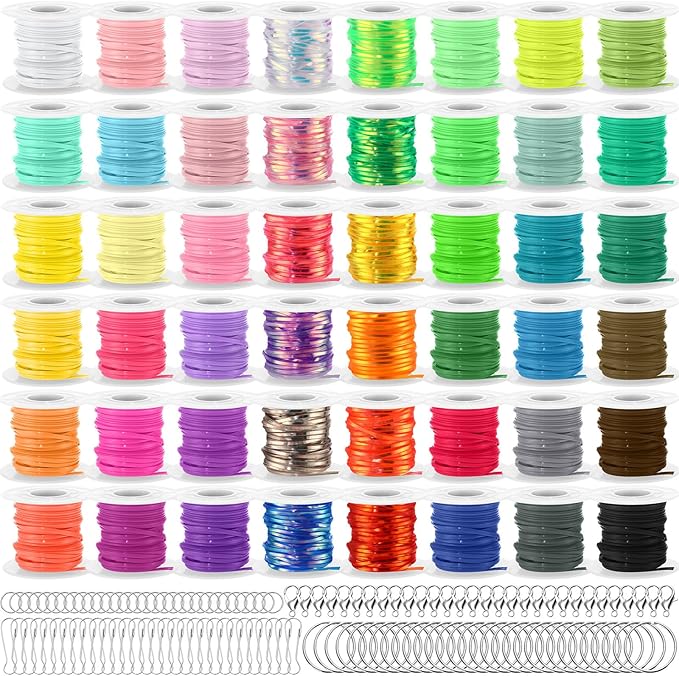 Lanyard String Kit 48 Rolls Gimp Plastic Lanyard String for Bracelets Keychain DIY Crafts with Key Chain Rings, Snap Clips, Open Rings, Lobster Clips Gimp Bracelet Making Kit(11 Yards)