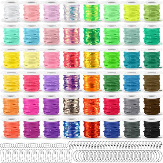 Lanyard String Kit 48 Rolls Gimp Plastic Lanyard String for Bracelets Keychain DIY Crafts with Key Chain Rings, Snap Clips, Open Rings, Lobster Clips Gimp Bracelet Making Kit(11 Yards)