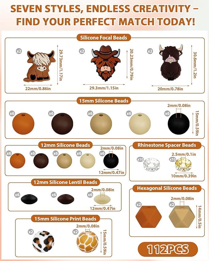 112PCS FIVEIZERO 12mm 15mm Cow Focal Silicone Beads for Keychain Making, Round, Lentil, Hexagonal, Print, 10mm Rhinestone Rondelle Spacers Beads for Bracelet, Pens, Necklace Crafts(Orange Brown)