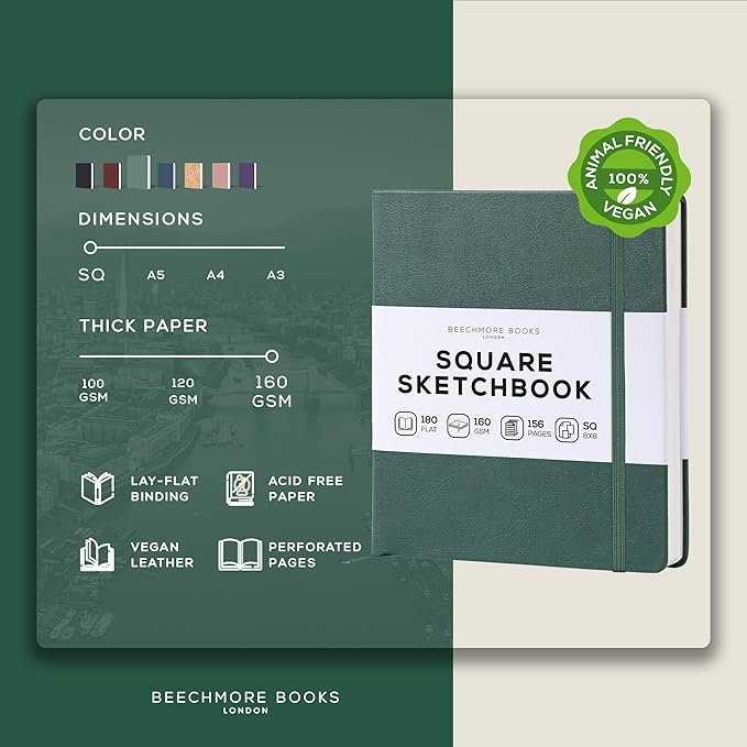 Beechmore Books Square Mixed Media Sketchbook - 8x8 Inch Professional Art Journal, 160 GSM / 98 lb Ivory Paper, Perforated Pages, Vegan Leather Hardcover, Lay-Flat Design for Drawing & Doodling
