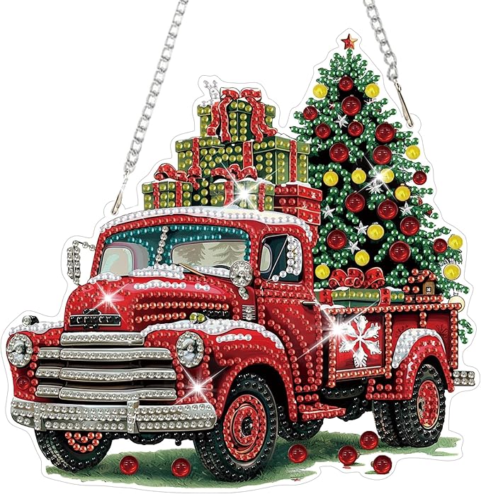 HEIBAGO Red Truck Diamond Art Hanging Kits for Adults Kids, 5D Special Shaped Crystal Diamond Painting Kit, DIY Pattern Window Pendant Gem Art Kit for Home Wall Decor 8.3 x 8.3 Inch