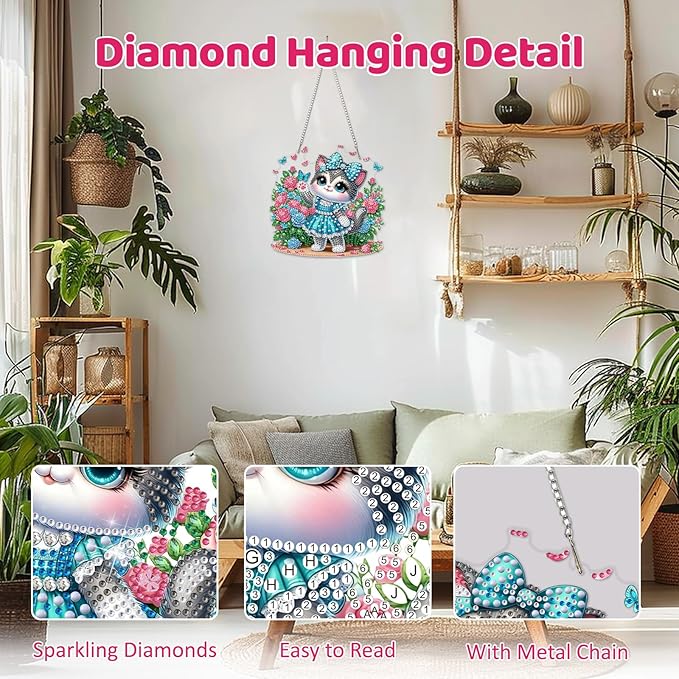 MEIYUDA Cat Diamond Art Hanging Kits for Adult, Flowers Cat Diamond Painting Hanging Kits Ornaments, DIY Special Shaped Rhinestone Window Pendants Kit for Home Garden Wall Decor Gift