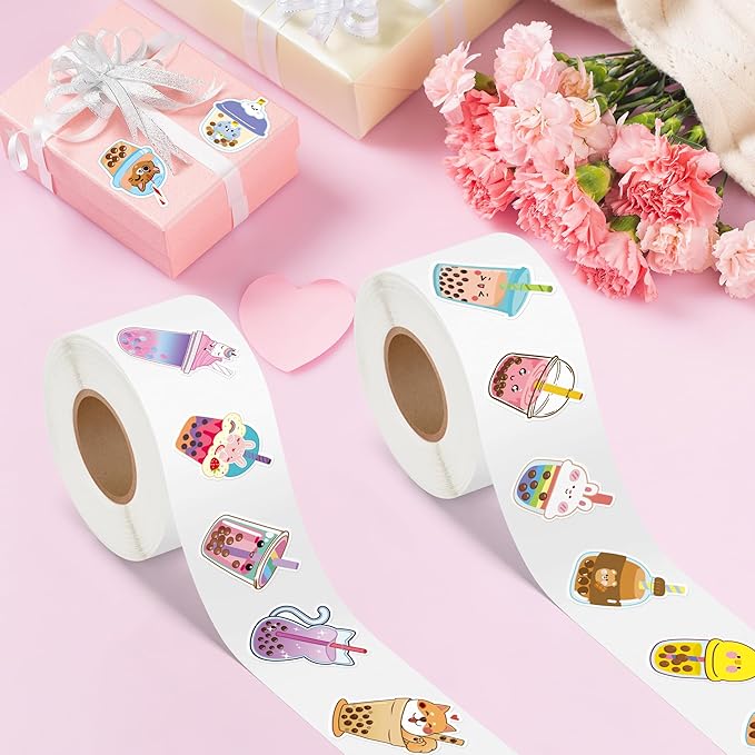 beyumi bubble tea sticker roll - 1000pcs boba stickers in 2 rolls waterproof vinyl drinks theme cute kawaii bubble tea decals gift laptop bottle scrapbooking luggage computer envelope decor for kids