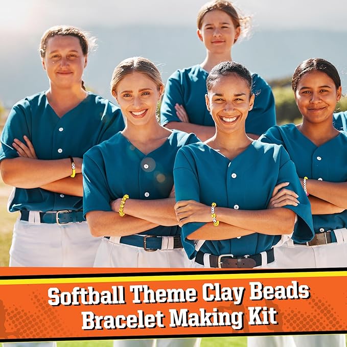 Ferreve 4200 Pcs Softball 12 Strands Clay Beads Bracelet Making Kit, 100 Letter and Number Beads, 120 Softball Acrylic with Gold Spacer, Charm Bracelet Kit for Sport Party