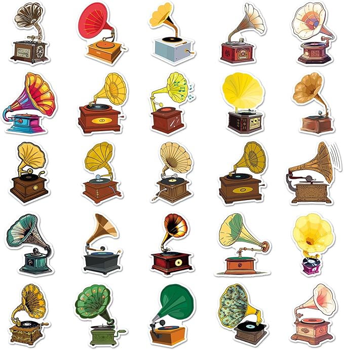 Retro Phonograph Stickers for Scrapbooking,50 Pcs Vintage Phonograph Decals, Waterproof Vinyl Stickers for Journals, Laptops, Home Decor, Ideal for Music Lovers Adults