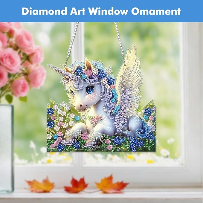 Miwixy Unicorn Hanging Diamond Art Kits for Adults,Flowers Special Shaped Crystal Christmas Diamond Painting Ornament Kit DIY Double-Sided Pattern Window Pendant Gem Art Kit for Home Wall Decor