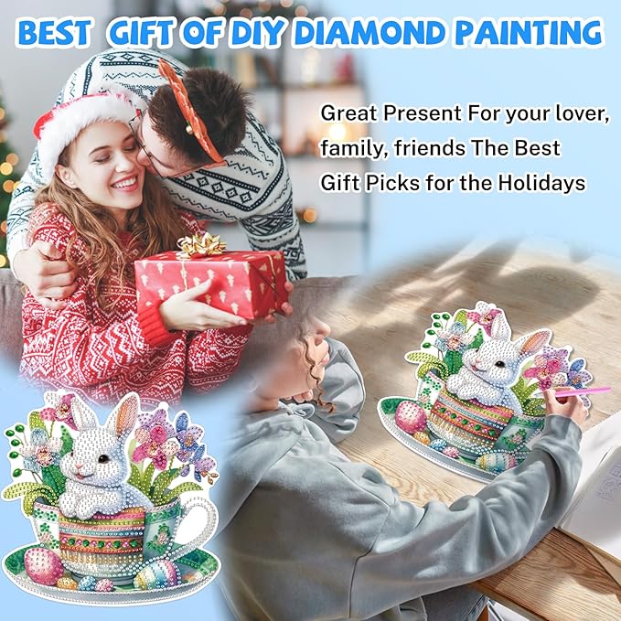 Bowetile Easter Hanging Diamond Art Kits for Adults Kids, 5D Special Shape Diamond Painting Rabbit Kits, Easter Diamond Gem Art Suncatchers Painting Pendant Home Decor, Gifts for Kids