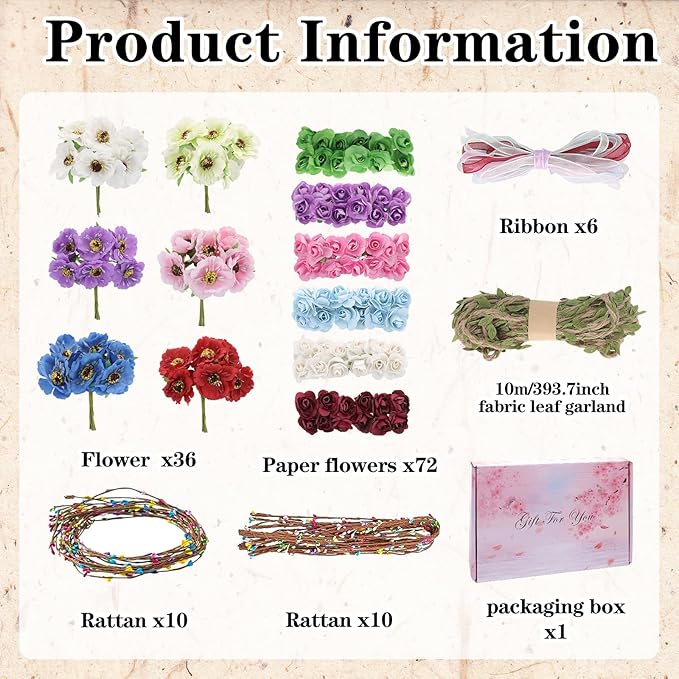 KorViSHOW DIY Flower Crowns Making Kit, 136 Pcs Handmade Rose Floral Headband Craft Set, DIY Creativity Fairy Flower Hair Accessories Making Kit for Women Make Your Own Handmade Activities Arts Gifts