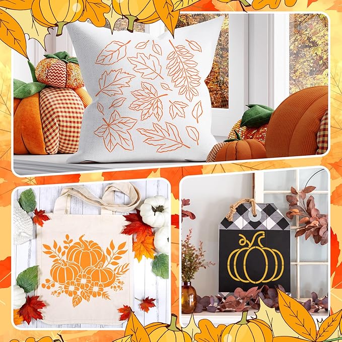 14 Pieces Fall Pumpkin Stencils for Doormat Painting Hello Pumpkin Welcome Maple Leaf Word Stencils Kit for Craft Thanksgiving Reusable Polyester Film Template with Open Ring for DIY Decor