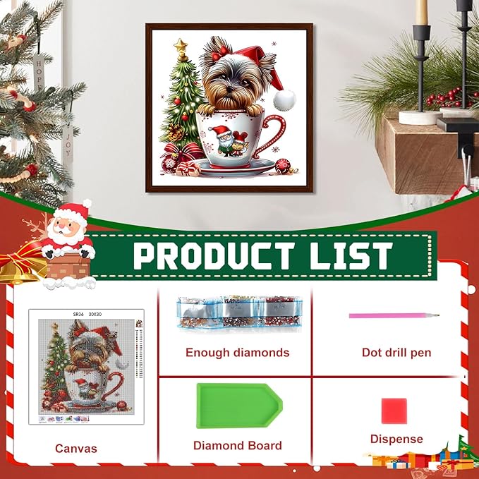EMIEAUFG Christmas Diamond Art Kits for Adults, Christmas Dog Cup Diamond Paiting Kit for Beginners, 5D DIY Round Full Drill Craft Diamond Dot Gem Art, Home Wall Decor 12" x 12"