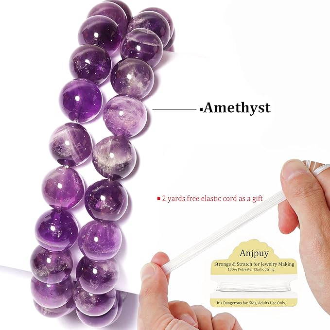 8mm Natural Amethyst Round Bead - 45PCS Bulk Gemstone Beads for Jewelry Making, DIY Bracelets, Necklaces - Includes Crystal Stretch Cord - Stone Beads for Crafting Gifts