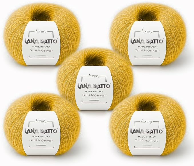 Silk Mohair Yarn for Knitting – Lace Weight Mohair Yarn with Silk, Made in Italy – Yellow-14531, 5 Skeins