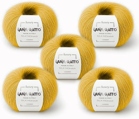 Silk Mohair Yarn for Knitting – Lace Weight Mohair Yarn with Silk, Made in Italy – Yellow-14531, 5 Skeins