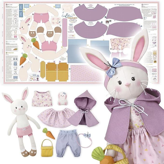 Doll Sewing Panel for Intermediate Skills - with Video Instructions - Cut & Sew Fabric Panel Doll with Clothes: Dress Me Bestie Bibby Bunny