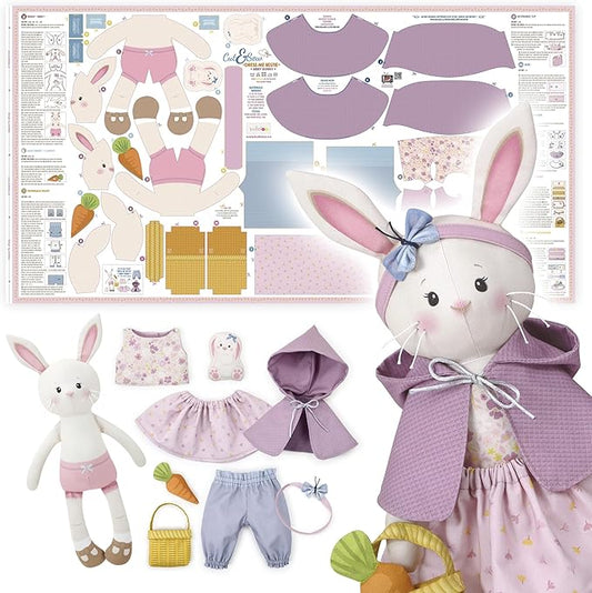 Doll Sewing Panel for Intermediate Skills - with Video Instructions - Cut & Sew Fabric Panel Doll with Clothes: Dress Me Bestie Bibby Bunny