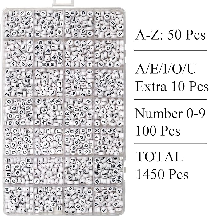 Melius 1450Pcs Acrylic Letter and Number Beads, 4x7mm Alphabetical Flat Round Alphabet Beads in 28 Grid Box for Bracelets, DIY Crafts