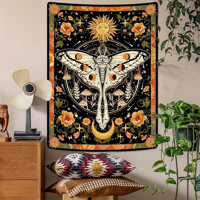 aipon orange moth tapestry boho retro floral flowers tapestries aesthetic vintage mushroom tapestry bedroom indie verti1cal ta1pestry wall hanging for living room dorm (36.00'' × 48.00'', orange)