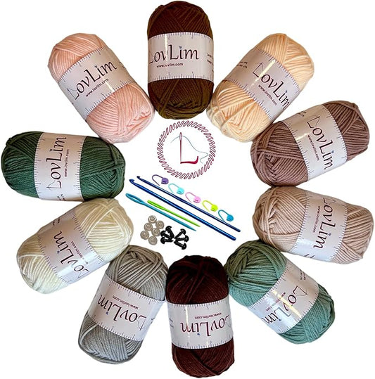 Crochet Yarn, 10x50g Soft Cotton Yarn Skeins, 1200+ Yards, for Crochet and Knitting, Free Crochet/Amigurumi Patterns, Craft DK Yarn Perfect Starter Kit (Nature)