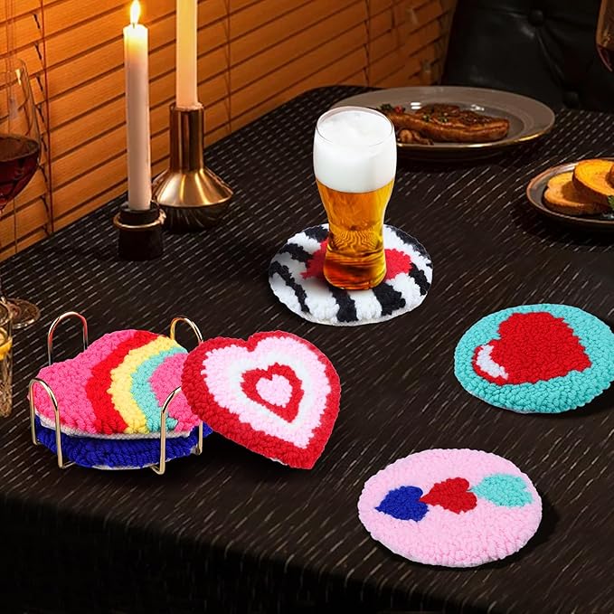 AIRDEA Punch Needle Drink Coasters Kit,Casual Punch Needle Embroidery Complete Kits for Beginner 3.29x3.29 Inches,Included All Accessories,DIY Car Coasters (Purple Pink)