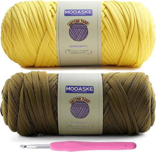 2 Pack T-Shirt Crochet Yarn for DIY Knitting Crochet Cloth Blanket Bag Dolls - 400g Chunky Thick Yarn for Crocheting with Polyester-Spandex Blend Elastic Fabric (Yellow+Dark Green)